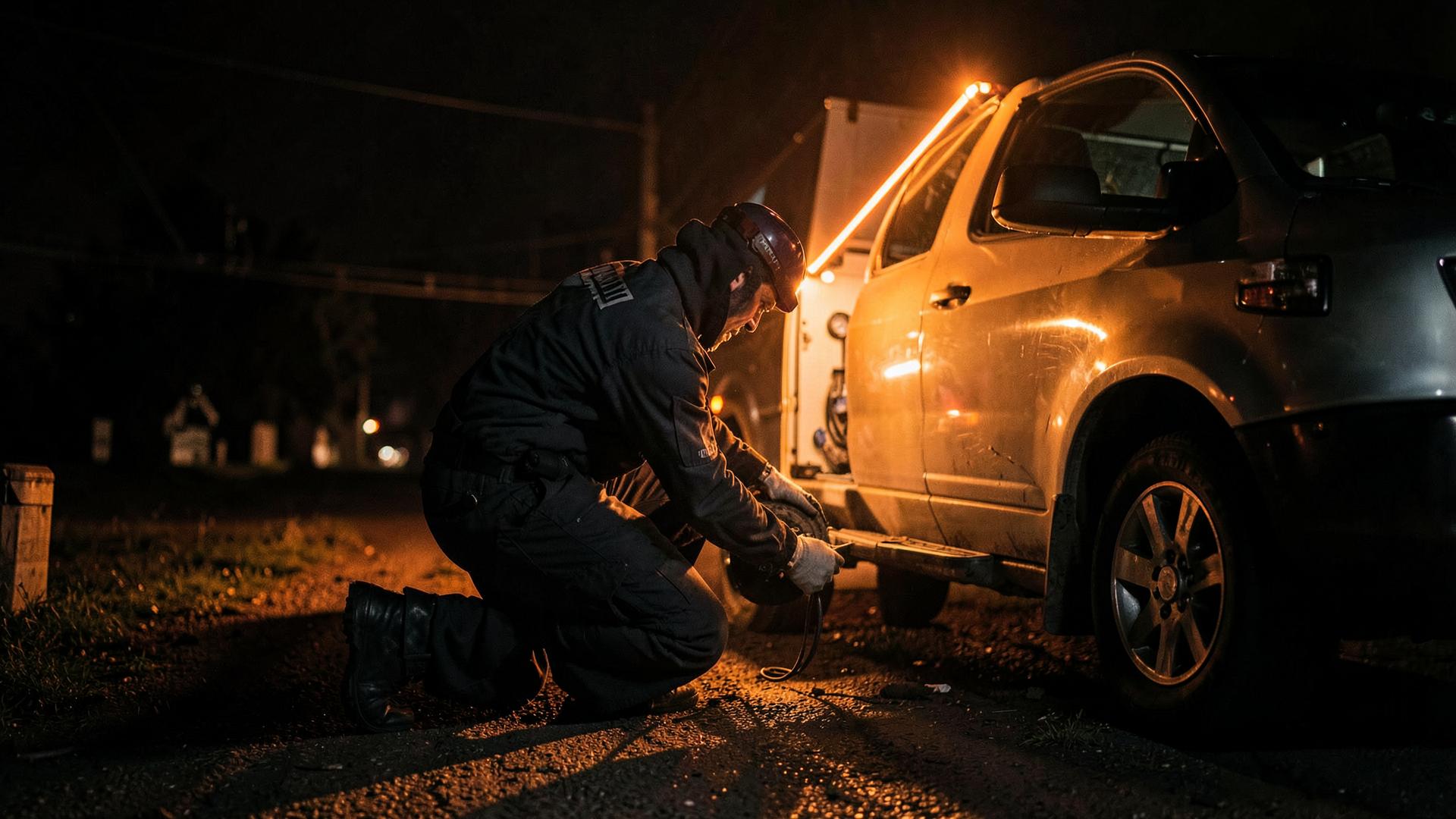 On Scene Auto technician changing a tire at night